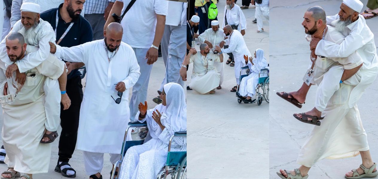 ابن يحمل والده المسن بين المشاعر لأداء مناسك الحج