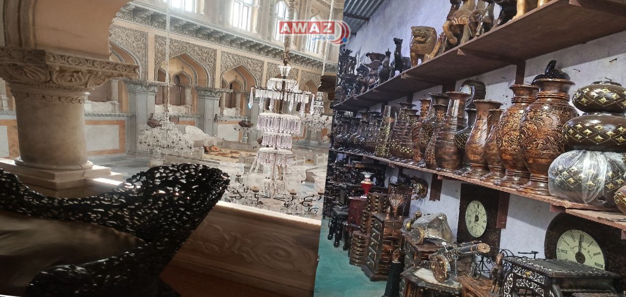 قطعٌ من الأثاث الخشبي السَّهارنبوري ذات الطراز الكشميري معروضة في قصر تشوماهالا بحيدرآباد